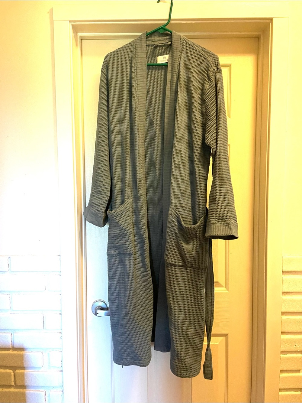 Matouk Women’s Teal Waffle Knit Belted Bathrobe S/M Shawl Collar Pockets - Picture 2 of 5